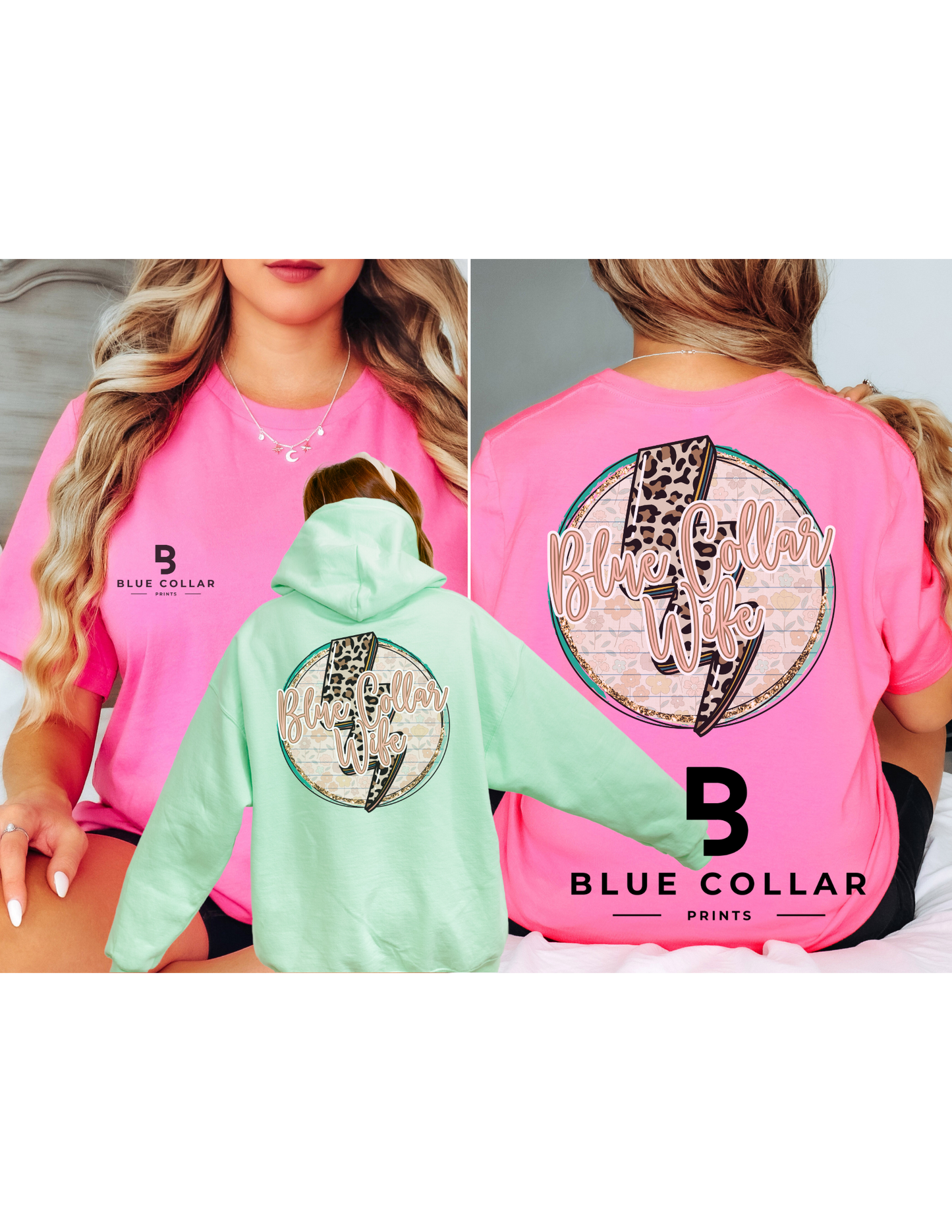 Blue Collar Wife - Leopard Print Bolt Hoodie OR T-Shirt