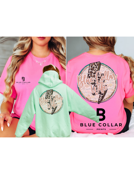 Blue Collar Wife - Leopard Print Bolt Hoodie OR T-Shirt